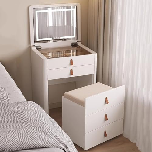 Coiffeuse，Ensemble de table avec miroir et lumières, petite table de maquillage rabattable, coiffeuse multifonction, table de chevet avec 2 tiroirs de rangement et tabouret, pour chambre à c