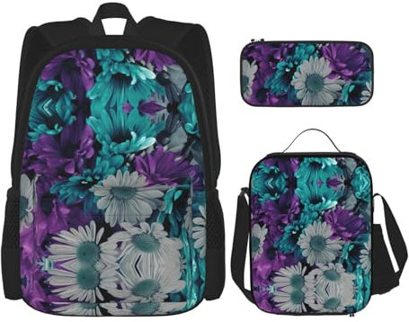 WURTON Colorful Flower Print School Backpack 3 In 1 Bookbag Set With Lunch Box Pencil Case Travel Laptop Daypacks