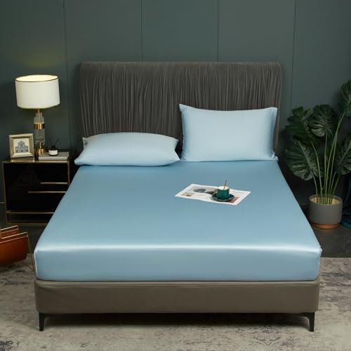 Luofanfei Bambou Drap Housse 140x200cm Bleu Bonnet 30 cm Unie Motif Drap de lit Lyocell Soie Drap-Housse 140 x 200cm Uni Lisse Respirant pour Matelas Épais,140 200
