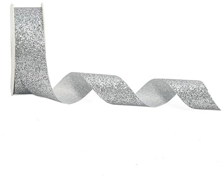 Schleifenband Geschenkband 25mm Breit, Hochzeit Glitzer Schleifenband Stoffband Dekoband Geschenkband für Geschenkverpackung Basteln Geburtstag Kunsthandwerk Blumenstrauß Hochzeit Deko (Silber)