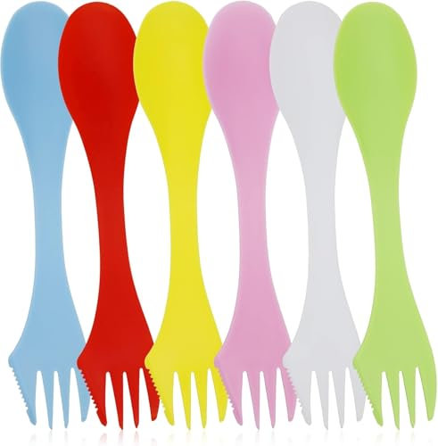 6 Stück Kunststoff-Göffel leicht und stark, alles in einem, Camping-Besteck, Löffel, Gabel, Messer-Set tragbar und wiederverwendbar, für Camping, für Rucksackreisen, mit 6 Edelstahl-Trinkhalme
