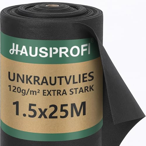 HAUSPROFI Premium Unkrautvlies 100g/m² - Hochdichte Unkrautfolie Wasserdurchlässig & Reißfest - UV-Stabil Gartenvlies aus Recycelbar PP - Umweltfreundlich & Knitterfrei, 25m x 1,5m