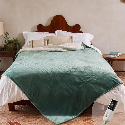 GOTCOZY Heizdecke Wärmedecke 150x200cm mit Abschaltautomatik Grün | 9 Heizstufen,10 Stunden Timer,Weicher Flanell Wärmedecke Elektrisch,Überhitzungsschutz Kuscheldecke für Bett&Büro Waschbar