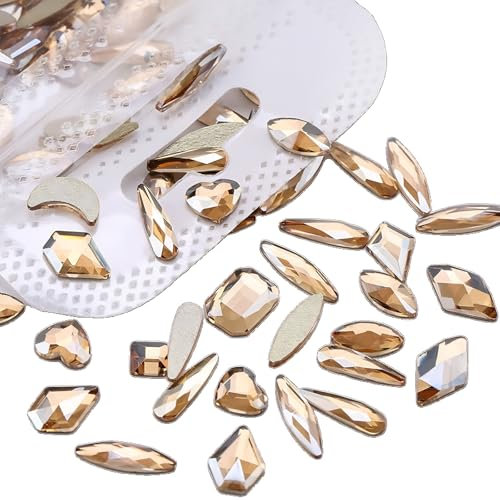 100PCS Mix Shape Flat Back Glass Rhinestone Gems for Craft DIY Nail Art, Champagne Gold