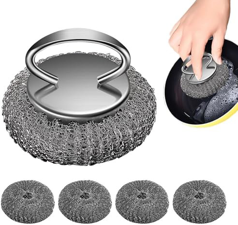 Steel Wool Scrubber Metal Scrubber Cleaning Brush Pot Scrubber with Replacement Wire Pads Wire Scrubber Cleaning Sponges for Pots Pans Grills Sink for Kitchen Cleaning Tasks