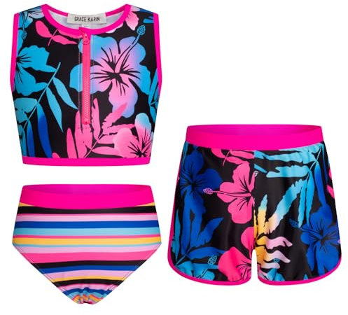 GRACE KARIN Kinder Mädchen Schwimmkostüm-Set Cropped Top Shorts Slips Wassersport Schwimmbekleidung Schwarz 5-6 Jahre