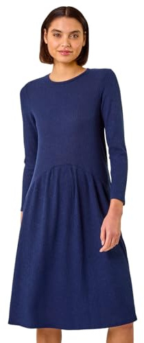 Roman Originals Ribbed Drop Waist Stretch Dress for Women UK - Ladies Everyday Autumn Winter Round Neckline Comfy Soft Evening Vacation Work Party Night Out