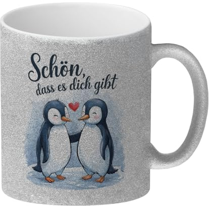 speecheese Pinguine mit Herz - Glitzer-Kaffeebecher Schön, dass es dich gibt Lustiger Spruch fürs Büro, schönes Valentinstagsgeschenk