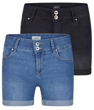 ONLY Jeans Shorts Damen Stretch Kurz Skinny Fit Mid Waist ONLCARMEN | 2er Pack Kurze Hose Sommer Basic Denim Blau Schwarz S M L XL XXL