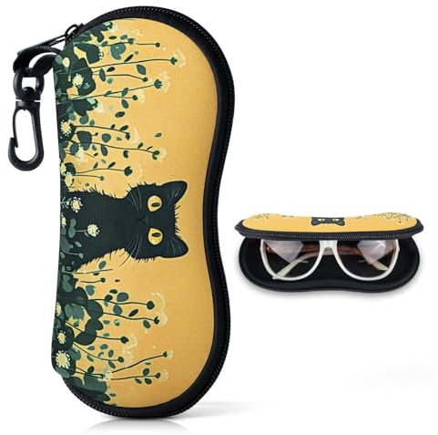 Custodia Occhiali Morbida con Cerniera per Donna Regalo per Ragazza Porta Occhiali da Sole in Neoprene Morbida & Ultraleggero Portaocchiali da Borsa Portatile con Moschettone(Gatto Nero-Giallo)