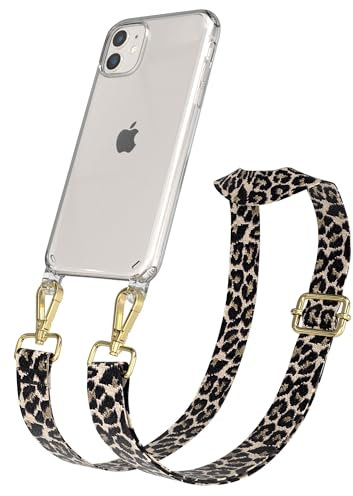EAZY CASE Handykette - Verstellbares Taschenband kompatibel mit iPhone 11, Schulterriemen, Handykordel mit Silikon Hülle, Umhängetasche, Leo - Schwarz Beige Metall Gold