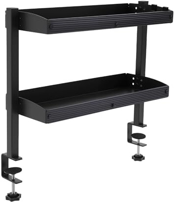HOARLICN Klemmregal Schreibtisch, 2 Ebene Klemmbare Schreibtisch-Organizer Ltischregal Table-Top Shelf mit Erhöhtes Geländer für Schlafzimmern, Wohnzimmern Tragfähigkeit Jede Ebene 10kg (Schwarz)
