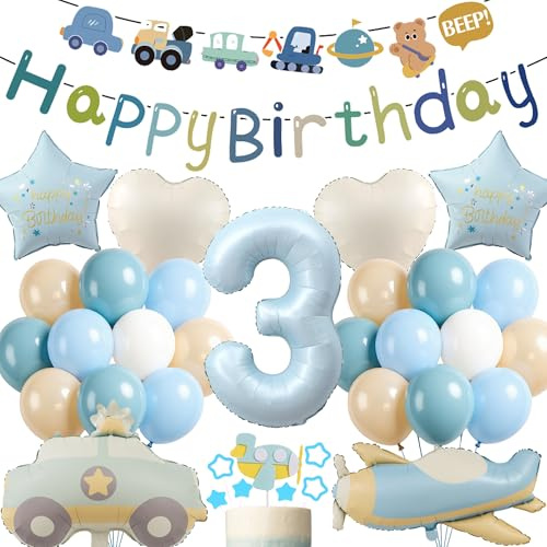 Tasoraor Deko 3. Geburtstag Junge Blau - Happy Birthday Banner Girlande und XXL Auto Flugzeug Luftballon, Zahl und Stern Herzform Folienballon Tortendeko für Kinder Geburtstagsdeko 3 Jahr Jungen