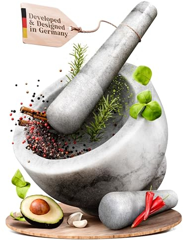 ChefSofi Marble Extra Large 8 Inch 5 Cup-Capacity Mortar and Pestle Set - One Huge Mortar and Two Pestels: 8.5 inch and 6.5 inch