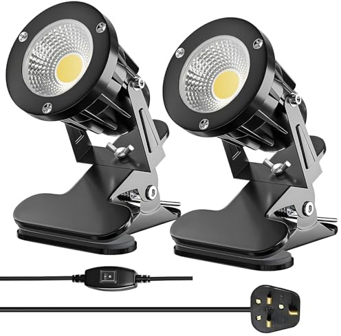 HomiShine LED Clip on Spot Light with On/Off Switch, IP65 Waterproof Plug in Spot Lights Plant Uplighters for Indoor Outdoor, 7W Clamp Lamp Garden Spotlight Mains Powered, 2M Cord, Warm White - 2Pack