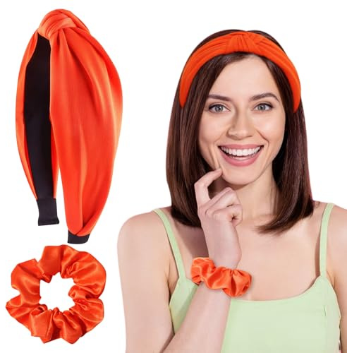 Ensemble Serre-tête Orange et Chouchou Cheveux Orange, Serre-tête Large Orangé Noué Femme, Chouchou Cheveux Elastique Comfort, Accessoires pour Cheveu Orangé, pour Sport, Quotidien, Carnaval
