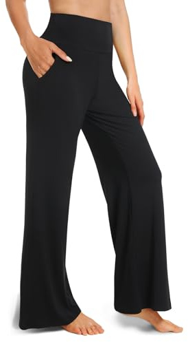 BLONGW Yoga Pants for Women Wide Leg Trousers UK–High Waist Work Casual Pants with Pockets, Black Womens Trousers for Work, Lounge & Everyday Wear, Tummy Control & Stretchy Comfort