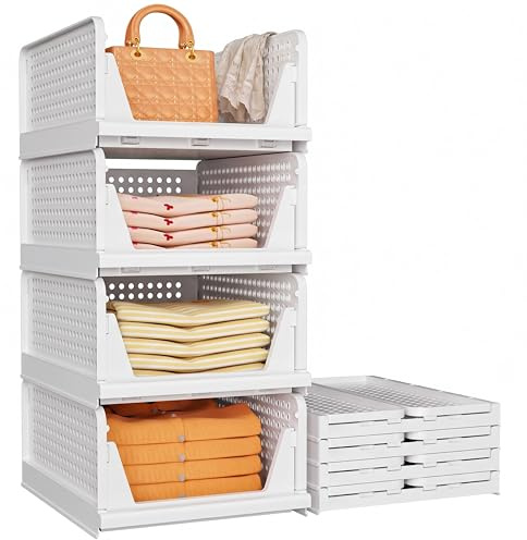 SNSLXH Upgraded Folding Closet Organisers,Wardrobe Storage Organiser 4Pack | Stackable Storage Boxes, Plastic Drawer Organiser Storage Basket for Bedroom Kitchen Bathroom, White