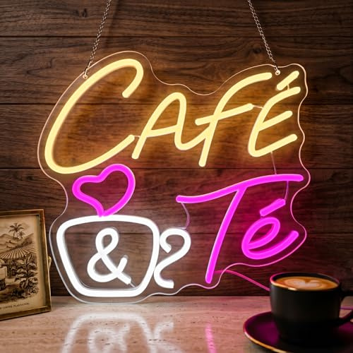 GGAQQ Cartel de neón de CAFÉ & Té para ventana, cartel de NEÓN de COFFEE & TEA, letrero de luz de neón LED colgante USB con interruptor regulable para decoración de barra de café(CAFÉ & Té)