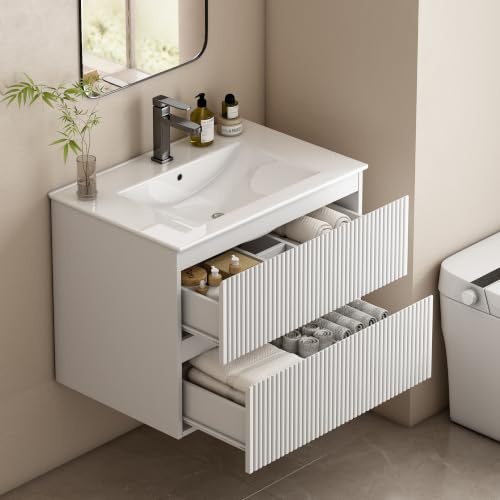 Wumagin Mueble de Baño 60 cm con Lavabo Cerámico, Mueble Baño Suspendido con 2 Cajones y Divisor, Diseño Rayas Verticales, E1 MDF Resistente Humedad, Blanco