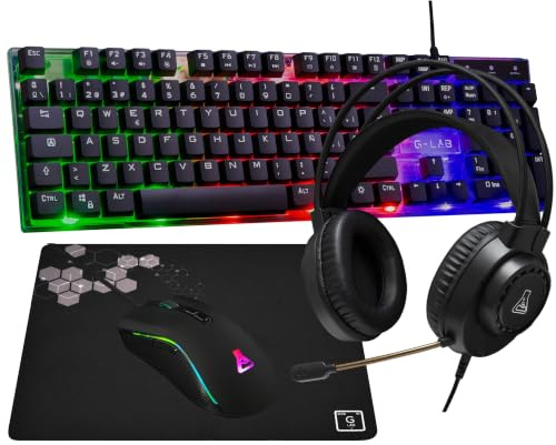 The G-Lab Combo Neon Gaming tangentbord och mus med hörlurar och matta | QWERTY ES Speltangentbord + mus + spelhörlurar + matt komplett installation kompatibel med PC/PS4/PS5/Xbox