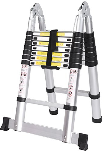 Meditool 5M Alu Teleskopleiter Klappleiter Ausziehleiter Mehrzweckleiter Anlegeleiter aus hochwertigem Alu Teleskop-Design 150 kg Belastbarkeit, 8X8 Sprossen