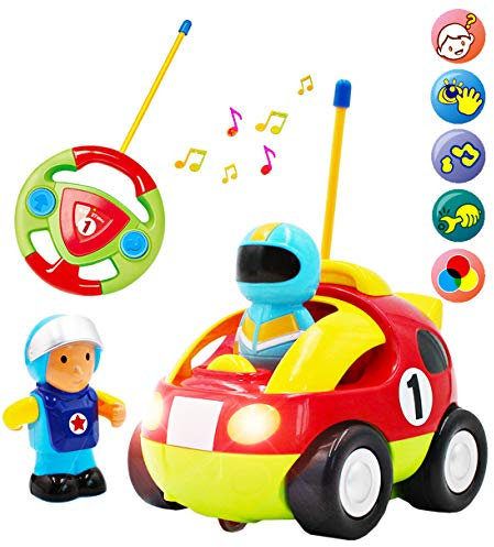 deAO Cartoon-Rennwagen mit Fernbedienung für Kinder mit Licht und Musik - 2 Fahrer inbegriffen