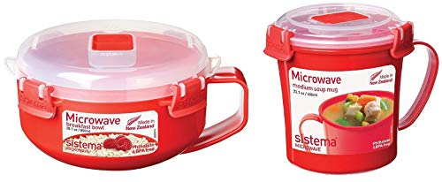 Sistema Microwave Healthy Breakfast Porridge Cereal Bowl, 850 ml and Sistema Microwave Soup Mug 656 ml Bundle - Red/Clear
