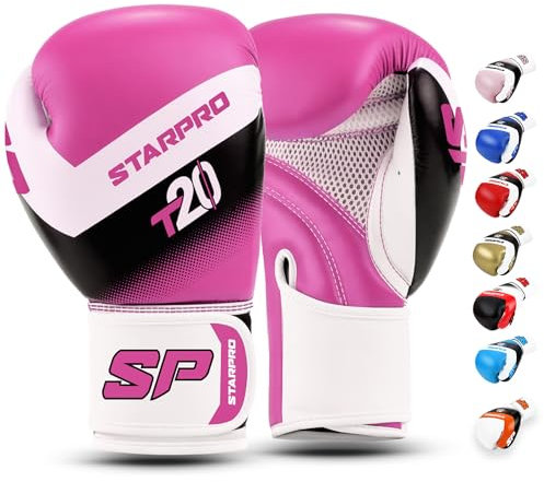 Starpro T20 Gants de Boxe en Cuir Synthétique. Gants de Formation Professionnelle en Muay Thaï, Kickboxing, Fitness et Boxercise, pour Hommes & Femmes. 8 Oz 10 Oz 12 Oz 14 Oz 16 Oz