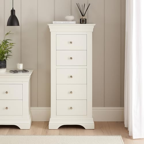 The Furniture Market Wilmslow White Painted 5 Drawer Tallboy Chest - Elegant French Inspired Design, Satin Paint Finish, Bedrrom Storage, No Assembly Required - H 1195mm x W 550mm x D 375mm