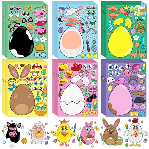 JOYIN 24 Stück Ostereier Aufkleber Oster Sticker Osterhasen Küken Blumen Osterdeko Oster-Aufkleber zum Selbermachen eines Gesichts, Tier-Aufkleber mit Ostereier-Thema