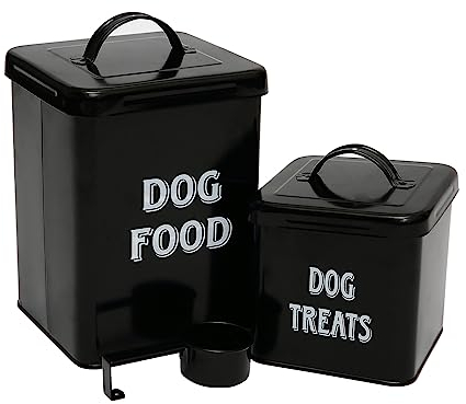 Morezi Pet Food and Treats Containers Set with Scoop for Cats or Dogs - Cream Powder-Coated Carbon Steel - Tight Fitting Lids - Storage Canister Tins - Dog Food - Black