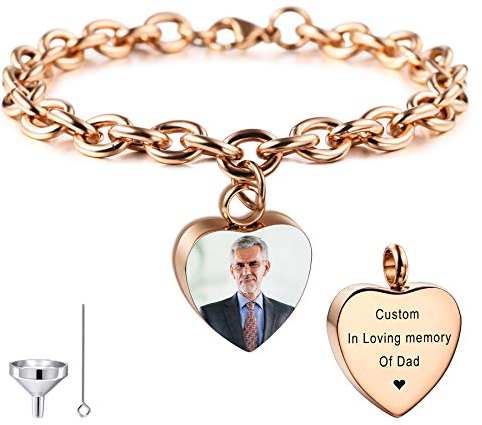 MeMeDIY Personalisierte Herz Urne Armband Gravur Fotoname für Frauen Mädchen Männer Junge Menschliche Asche Halter mit Verstellbarer Kette Memorial Cremation Andenken Trichter Kit