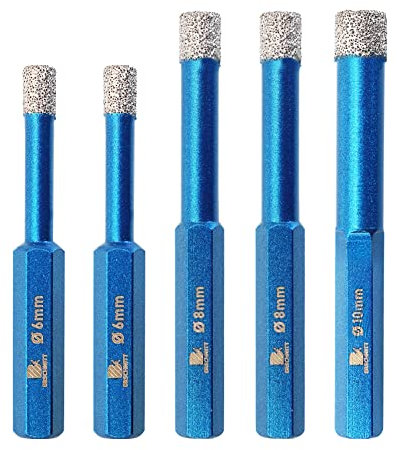 BRSCHNITT 5pcs Dry Diamond Drill Bit Set, 6 6 8 8 10 mm Hex Shank Core Drill Bit Kit for Porcelain Tile, Ceramic, Stone, Granite, Marble