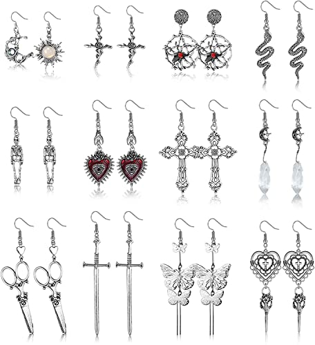 MILACOLATO Gothic Ohrringe für Damen - Goth Vintage Grunge Retro Silber Punk Rock Schmuck - Schlange, Böser Blick, Herz, Fee, Skelett, Schwert, Sonne, Mond - Halloween 12P
