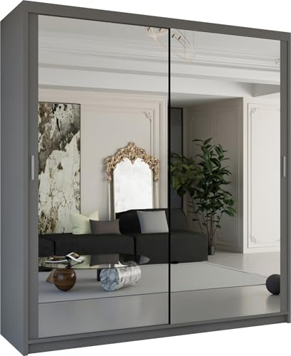MN Furniture Modern Double Sliding Door Wardrobe 2 Mirrored Hanging Rails & Shelves Storage Cabinet for Bedroom (120cm, Houston Grey)