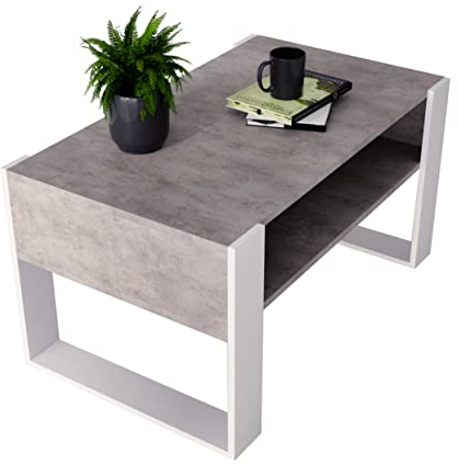 Couchtisch KARO rechteckiger Kaffeetisch aus Holz Modern Teetisch 95 x 53,6 45cm massiv und stabil (Chicago Beton/Weiss), 0012