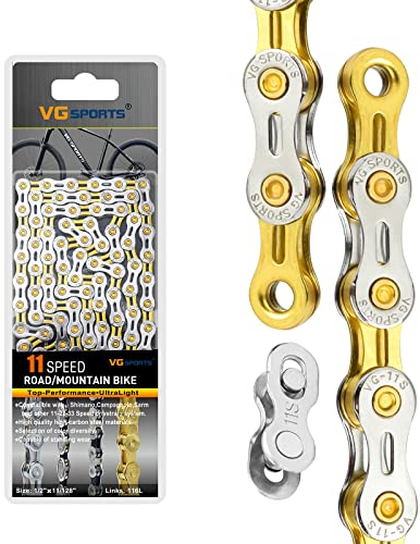 VG SPORTS 6/7/8/9/10/11 Speed Fahrradketten, halbhohle, leichte Fahrradketten für Rennrad/MTB/BMX,Silber/Gold/Titan/Regenbogen 116 Glieder mit fehlendem Glied