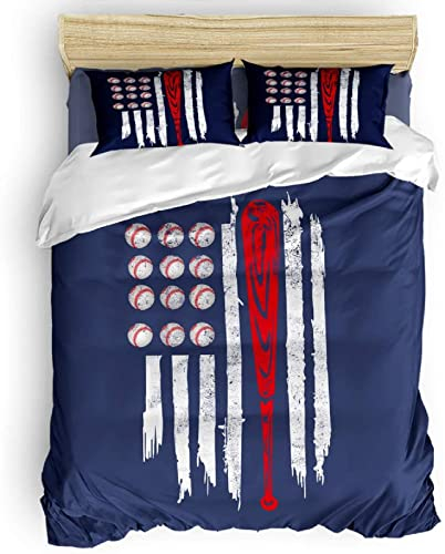 NEKOMARUKE Bettwäsche 200x200 Jugendliche Baseball Amerikanische Flagge Blau 3D Gedruckt Bettbezug Set 3teilig Microfaser Zweiteilig Bettwäschegarnitur mit Reissverschluss
