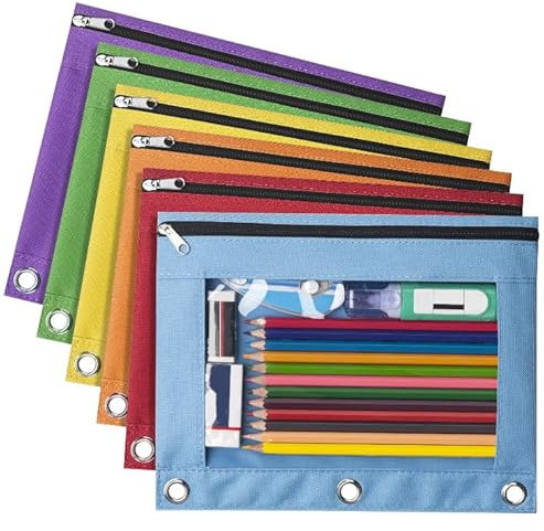 Forvencer Federmäppchen für 3-Ringbuch, glatter Reißverschluss, 3-Ring-Bleistifttasche, mehrfarbiges Federmäppchen für Ordner, transparente Oberseite, Federmäppchen mit 3 verstärkten Ösen, 6 Stück