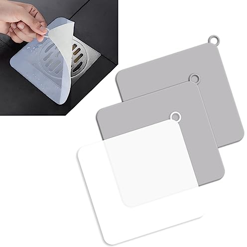 Tapa Desague Ducha, 3 Pcs 15x15cm Cuadrado Cubiertas De Desagüe De Ducha, Almohadilla Desodorante de Silicona Tapón de Drenaje Universal para Cocina Baño Bañeras(2Gris+1Blanco