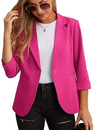 GRECERELLE Blazer elegante para mujer, chaqueta de manga 3/4, para negocios, casual, trabajo, oficina, chaqueta tipo blazer para traje y blazers, cárdigans con bolsillos y botón para mujer, hot pink,