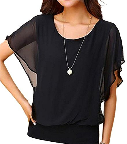 TIMEMEAN Hauts pour Femme élégant Chemisier en Mousseline à Volants Chemise De Travail Décontractée à Manches Courtes à Manches Chauve-Souris Et à Encolure Dégagée…