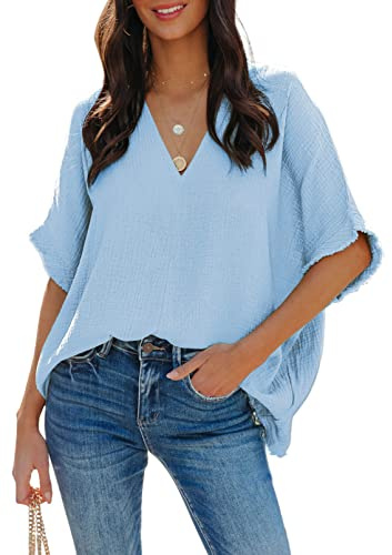 Dokotoo Damen Bluse V-Ausschnitt Musselin Tunika Shirt Oberteil Sommer Kurzarm Locker Longshirt Tops S-XXL