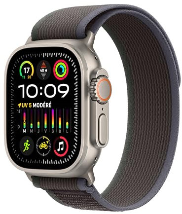 Apple Watch Ultra 2 (49 mm GPS + Cellular) Smartwatch avec boîtier en Titane Robuste et Boucle Trail Bleu/Noir M/L. Suivi de l’activité Physique, GPS Haute précision, Bouton Action, Neutre en Carbone