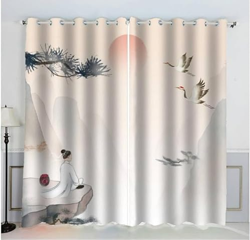 Sepustas Paysage Japonais Rideau Occultant Lot de 2 Chambre Enfant Fille Garcon 3D Impression Paysage Songhe Couleur Crème Motif Rideaux Acoustiques Opaque Petites Fenêtres Décoration （140x160 cm）
