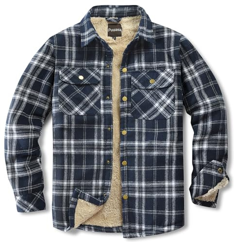 Puwasa Herren Sherpa gefütterte Baumwollflanell Hemdjacke Karierte Knopfleiste Jacke für Männer mit Tasche
