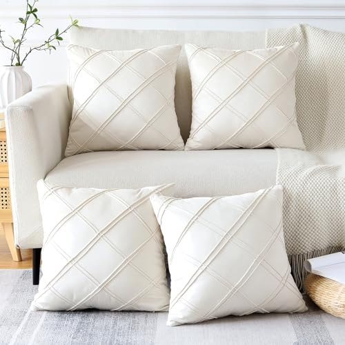 Sungeek 4er Set Samt Kissenbezüge, Dekorativ Zierkissenbezüge Weich Rautenmuster Kissenbezug Dekokissen Couchkissen Deko Bezug Kissenhülle für Sofa Schlafzimmer Wohnzimmer (45x45 cm, Creme Weiß)