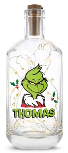GRAVURZEILE personalisierbares Flaschenlicht mit UV Druck - Grinch - Deko LED Beleuchtung inkl. Lichterkette - Persönliche Geschenke für Frauen & Männer - Geschenk zu Wichtel und Weihnachten