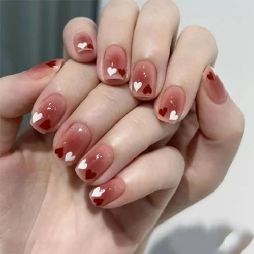 24pcs Short Square False Nails Red Ombre Stick on Nails Red White Heart Press on Nails Removable Glue on Nails Full Cover Fake Nails Set Valentines Day Women Bridal Nail Art Accessories